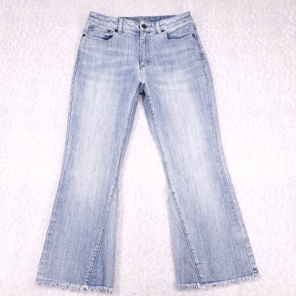 Michael Kors Crop Jeans Womens 6 Blue Stone Wash Flare Raw Hem Trendy Boho Chic - Picture 1 of 12